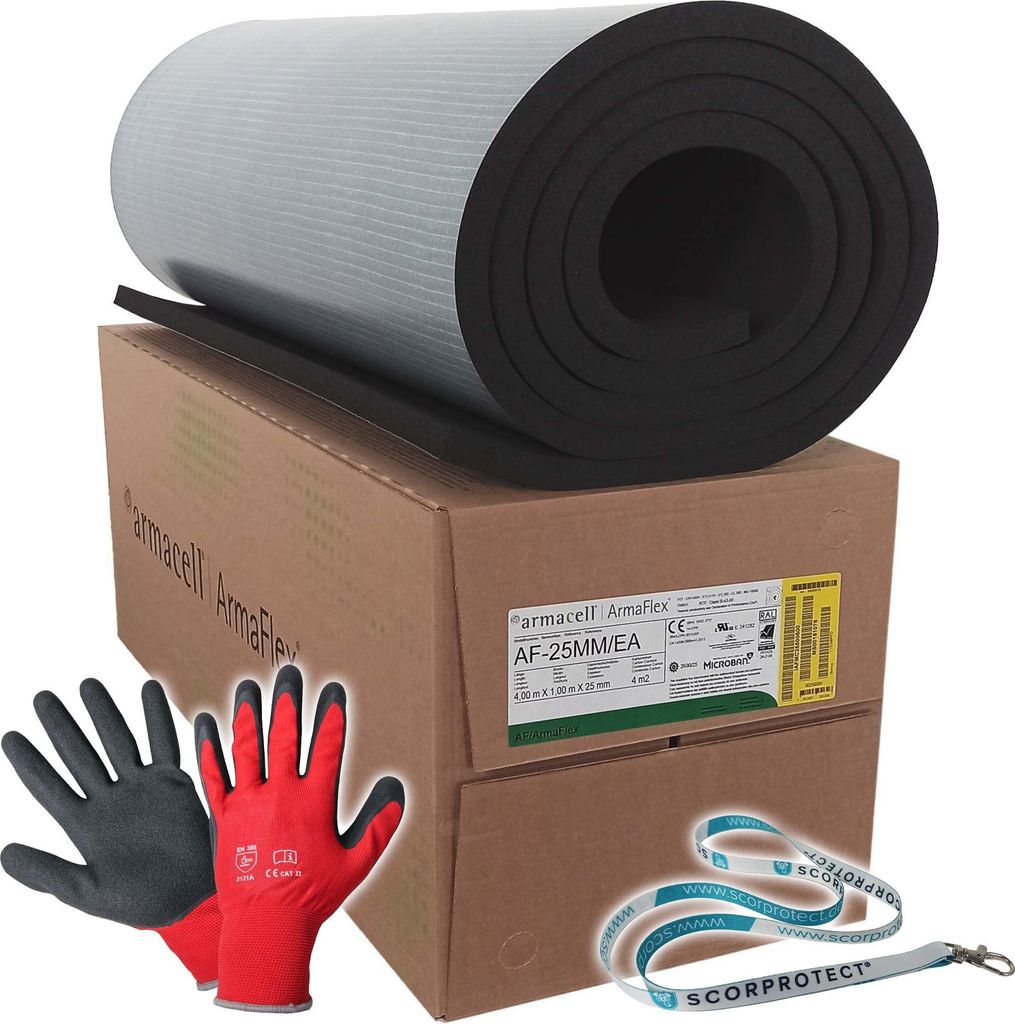 25 mm Armacell Armaflex AF Kautschuk Platten selbstklebend + rote Handschuhe CAT 2 + Scorprotect Schlüsselband : Isolierstärke 25 mm, 1000 x 40...