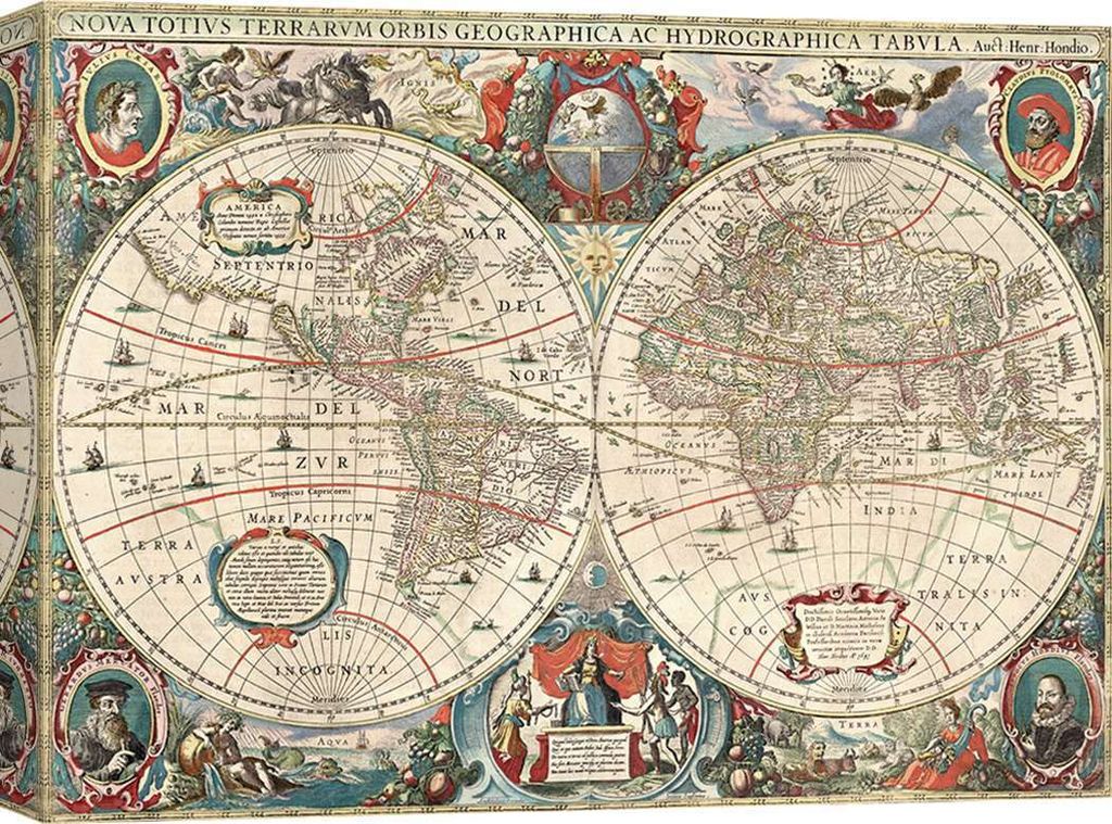 Leinwandbild, Weltkarte - Hendrik Hondius, Nova totius Terrarum Orbis geographica ac hydrographica tabula – 60x40 cm