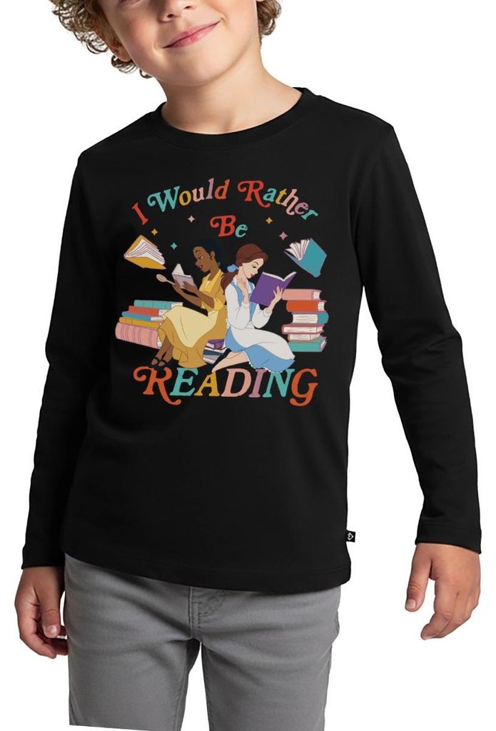 Prinzessin Tiana & Belle I Would Rather Be Reading Kinder Premium Langarmshirt, 98/104 (2 Jahre), Schwarz