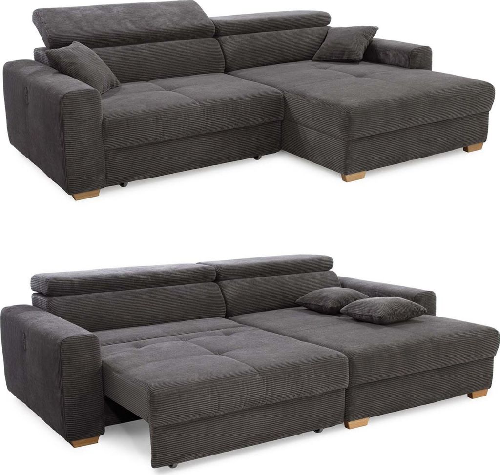 Ecksofa Auszug elektrisch USB-C Kopflehne verstellbar Couch Cord Grau Anthrazit / 15402