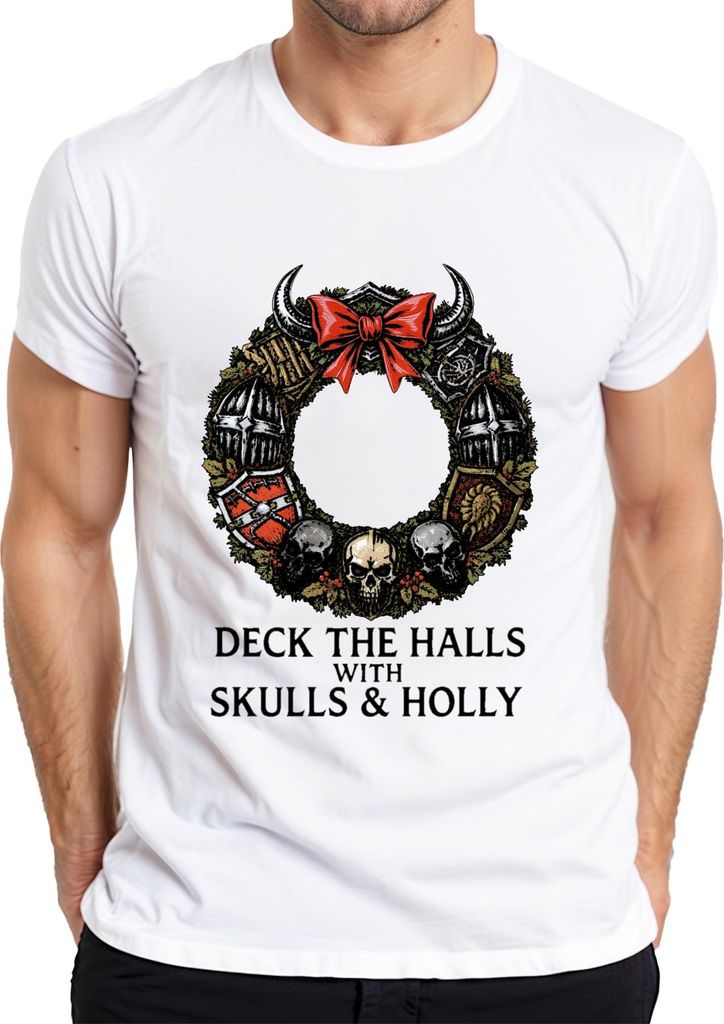 Deck The Halls With Skulls and Holly Gothic Weihnachtsgeschenk Herren T-Shirt, Weiß, XL