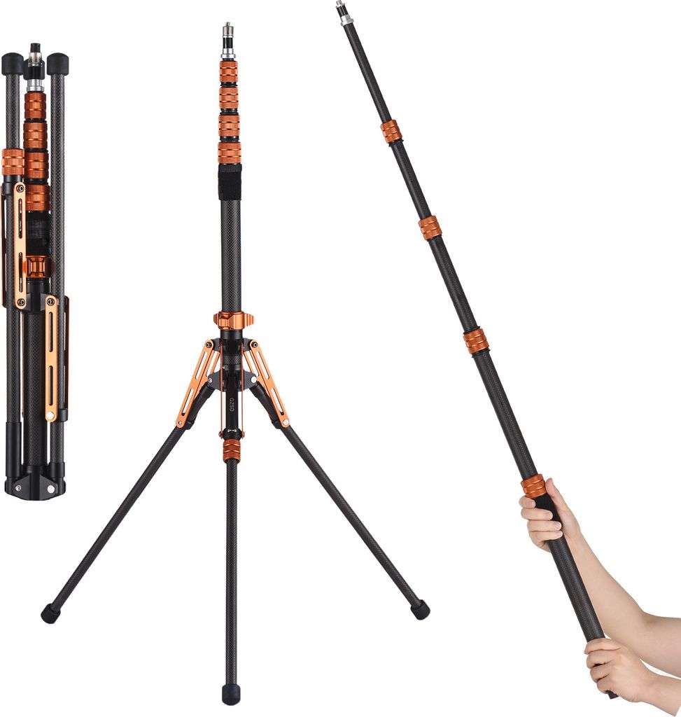 220 cm/86,6 Zoll tragbares Stativ, Foto-Lichtstativ aus Kohlefaser, 5-teilig, verstellbar, 5 kg/11 lbs Tragkraft, mit abnehmbarer Mittelsaeule, 1/4...