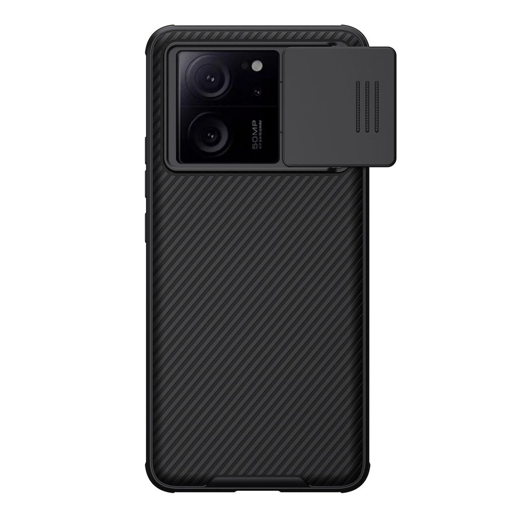 A black phone case with a textured surface and a sliding camera cover.