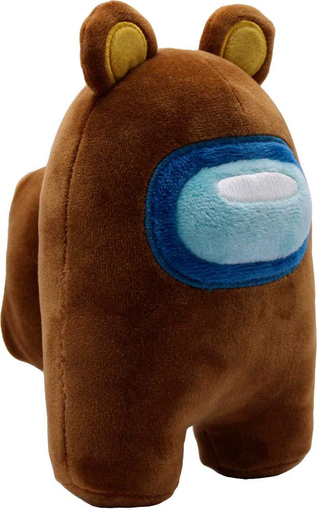 A brown plush toy with bear ears and a blue visor, resembling a character from the game Among Us.