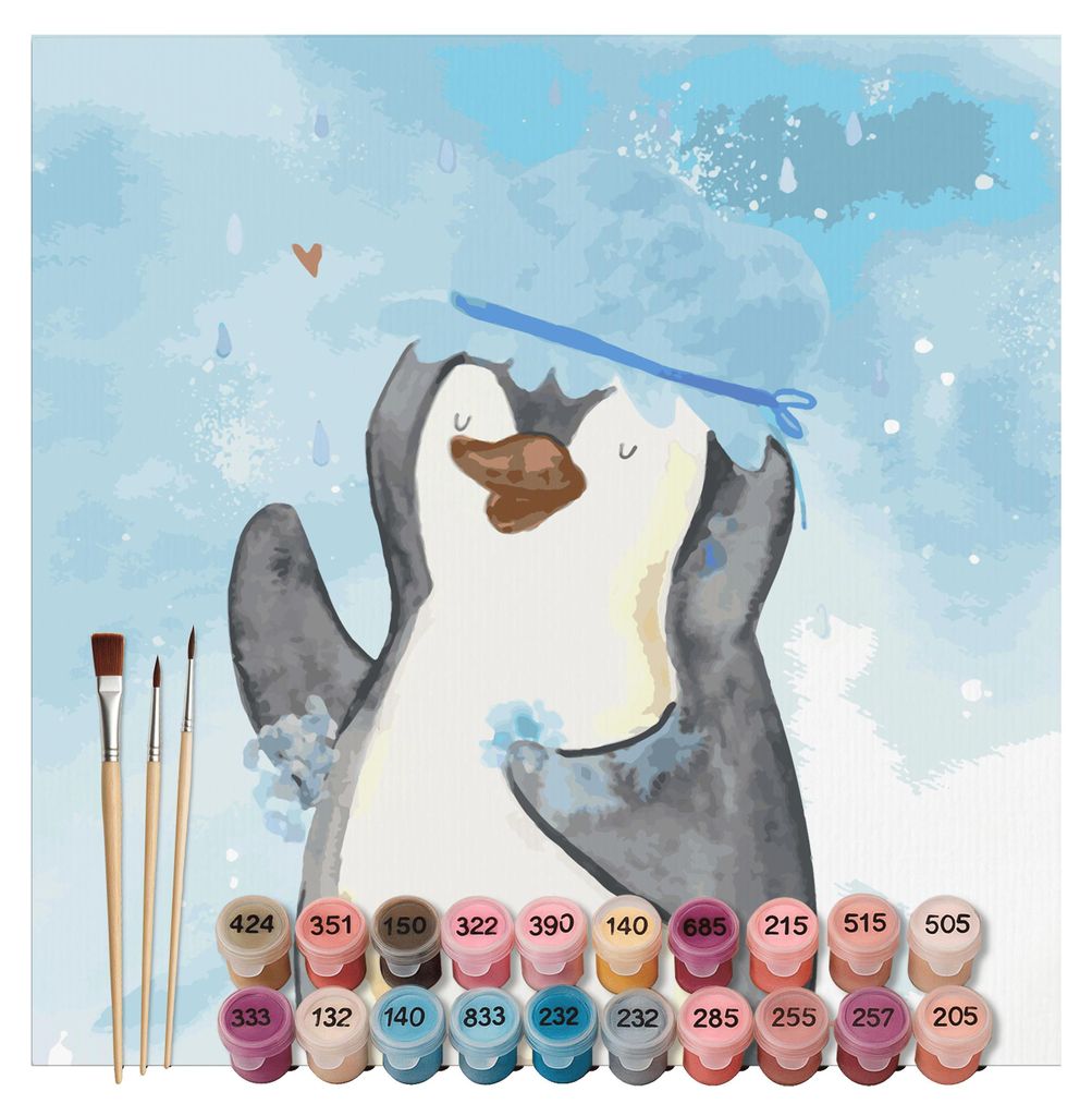 Mr. & Mrs. Panda Malen nach Zahlen Pinguin Duschen Motiv 40 x 40 cm Ohne Rahmen - Eisblau - Geschenk, Dusche, Singen, Motivation, malset, Duschkonz...