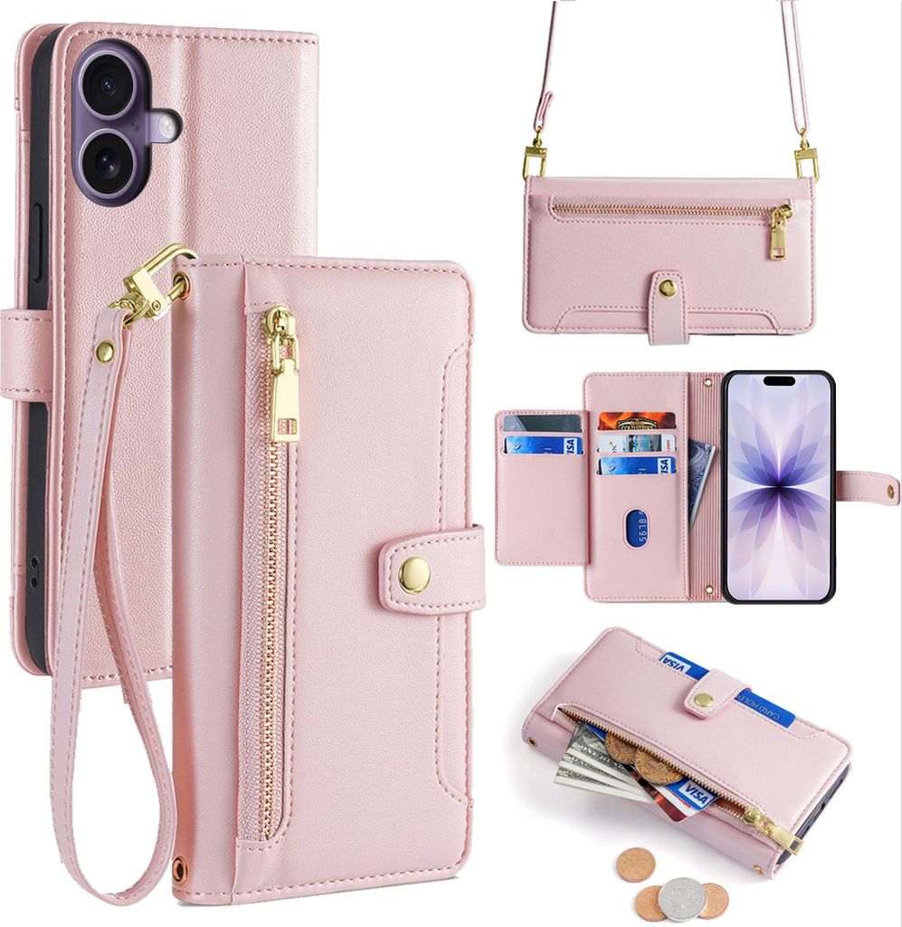 Handykette für iPhone 17 Hülle mit Band Handyhülle Kartenfächer Kunstleder Umhängetasche in Rosa