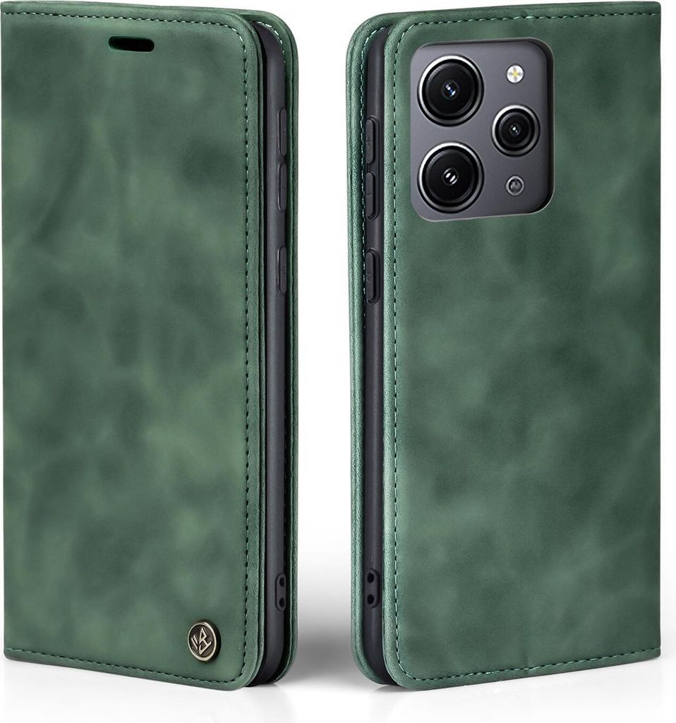 A green flip case for a Xiaomi Redmi 12 phone, shown from two angles.