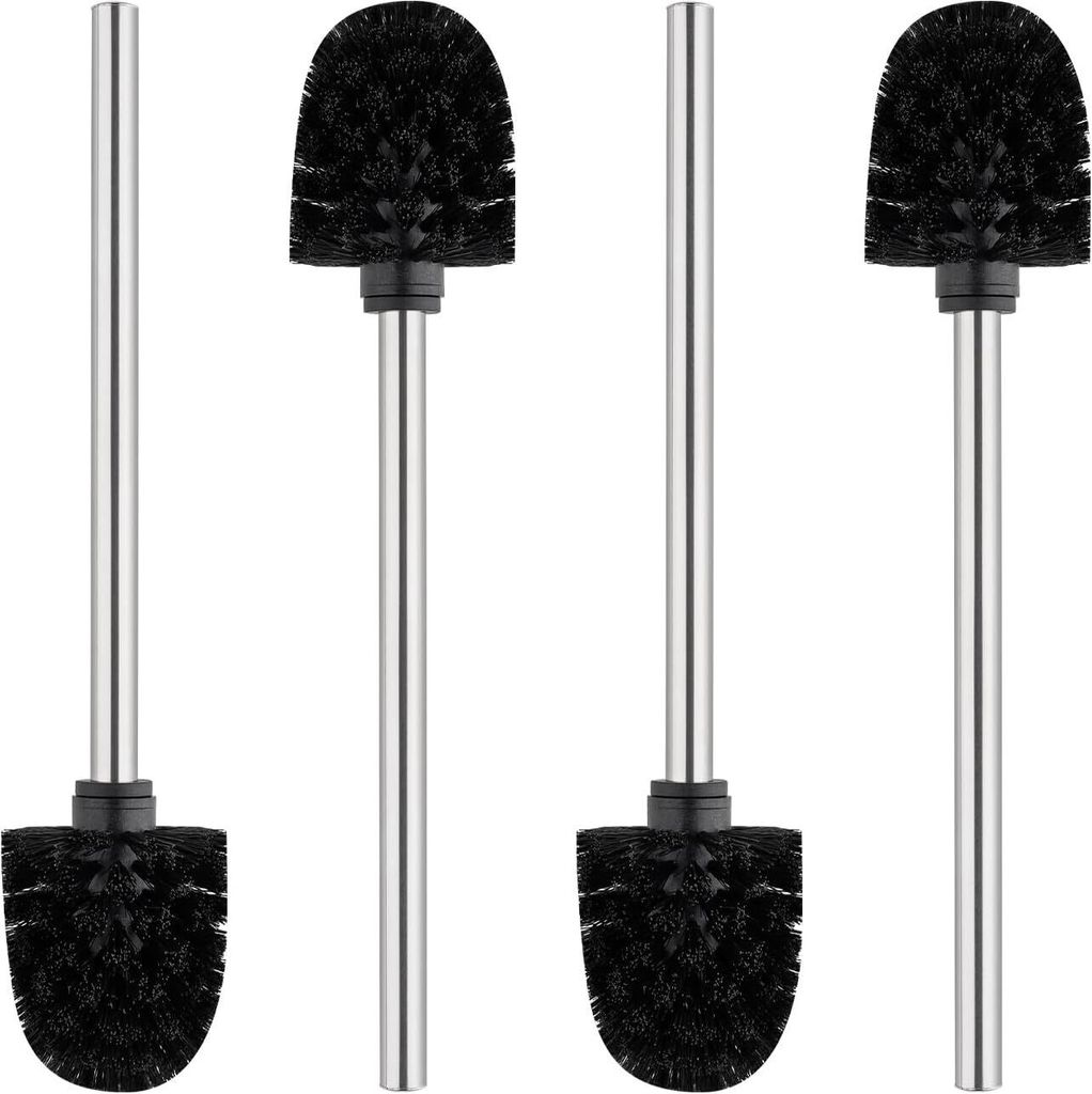 Set of 4 Toilet Brushes, Black, 8 cm Diameter, Removable Brush Heads, Toilet Brush with Stainless Steel Handle