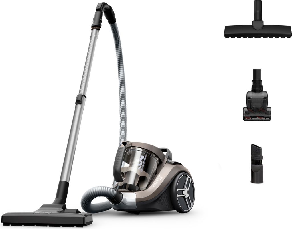 A beutellos vacuum cleaner with accessories on a white background.