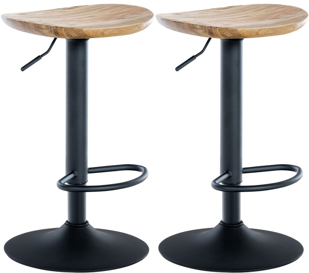 Two bar stools with wooden seats and black metal bases are shown against a white background.