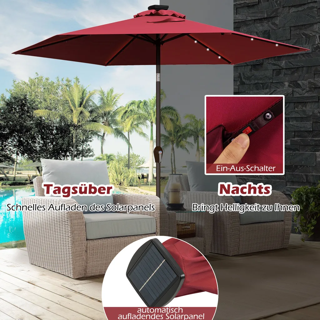 COSTWAY Ombrellone 270 cm con illuminazione solare a LED e manovella Ombrellone a semaforo Ombrellone da giardino Ombrellone da mercato Ombrellone da spiaggia Ombrellone a manovella Ombrellone rosso vino - 7