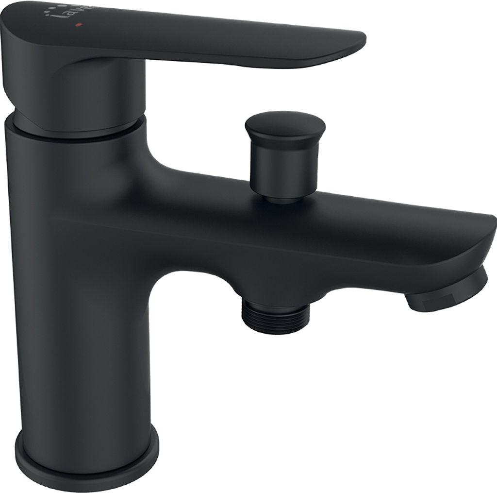 A black bathroom faucet on a white background.