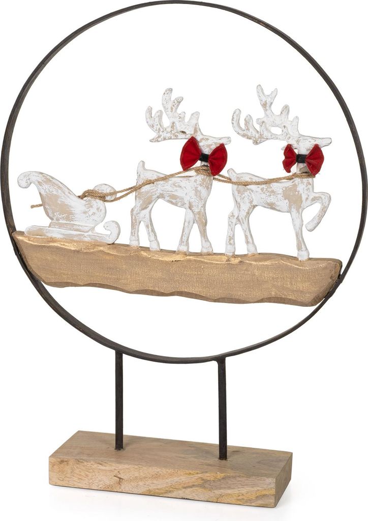 Weihnachtsfigur Rentier mit Schlitten im Metallring auf Holzsockel 53,5 cm festliche Dekofigur aus Metall und Holz für Tisch Kommode oder Fensterbank