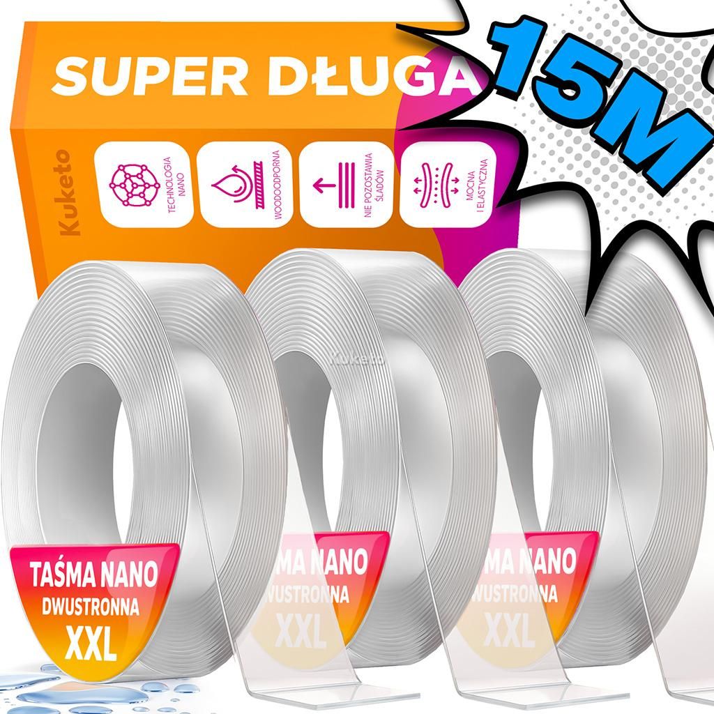 Kuketo | 3er-Set Nano-Gel-Klebeband 5 m – Doppelseitiges, Wiederverwendbares Montageband – Transparent, Stark & Wasserfest Für Haushalt, Büro...