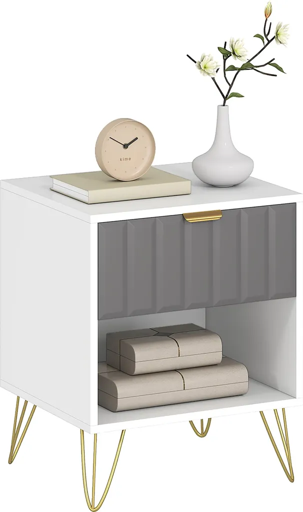 Table de chevet blanche 45x40x55 cm avec tiroir et pieds en acier robuste