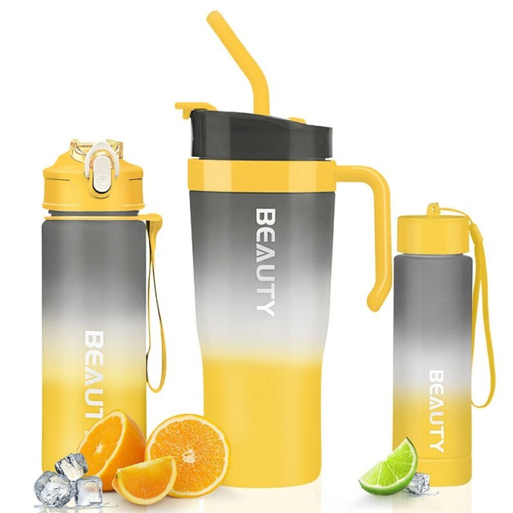 Wasserflasche Bidon ombre 3in1 Becher mit Halter und Strohhalm mit Messbecher tragbar BD13WZ3