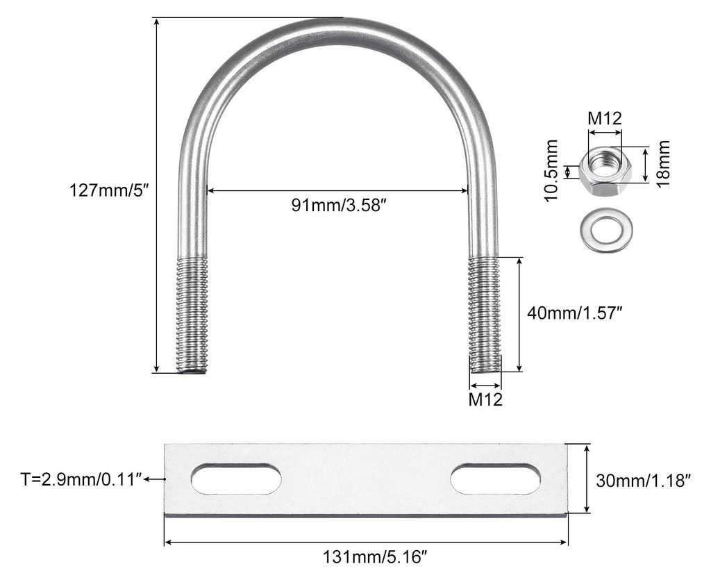 Runde U Bolzen M12 Bš¹gelschraube 91mm x 127mm U Schrauben Bš¹gel mit Mutter Platte Unterlegscheiben 304 Edelstahl Gewindebš¹gel zum Befestig...
