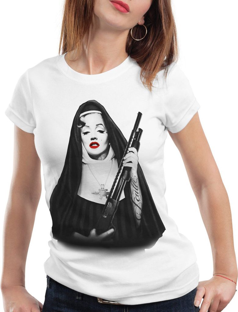 style3 Marilyn Gebetsschwester T-Shirt Damen usa gangster monroe, Farbe:Weiß, Größe:M