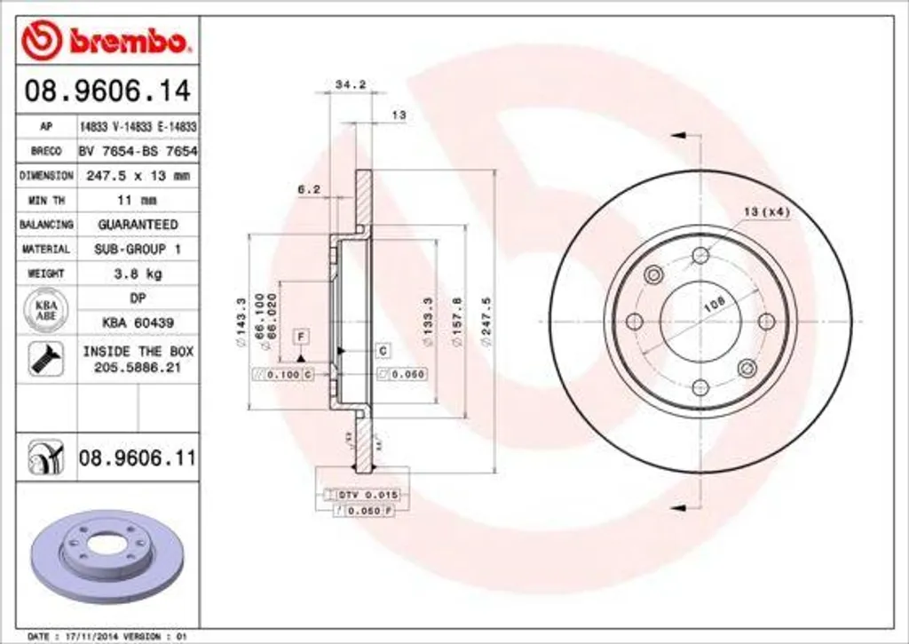 Disque de frein BREMBO haute longévité OE 4246R8 compatible 206