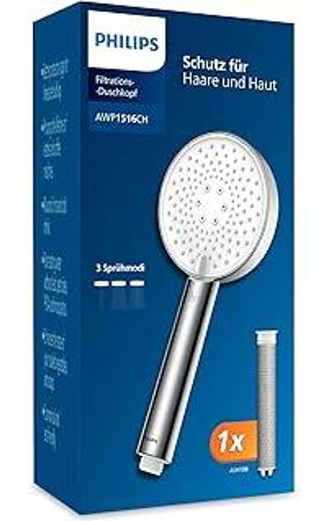 Philips Water Duschkopf mit Filter, entfernt effektiv Chlor und andere große Partikel, drei Sprühmodi, druckverstärkendes Design, 1 Monat Filter...