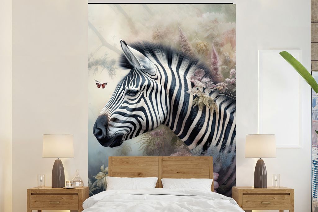 MuchoWow Fototapete für Wohnzimmer oder Schlafzimmer Wandtapete Vinyl Motivtapete Zebra - Wilde Tiere - Schmetterling - Blumen - 170x260 cm - Wo...