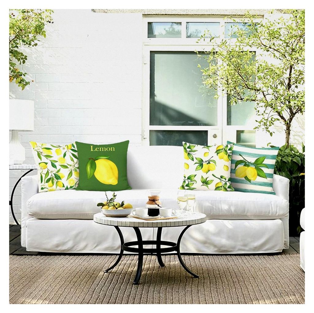 4er Set Kissenbezüge Zitrone 45 x 45 cm Gelbe Früchte mit Grünen Blättern Polyester Leinen Dekorative Kissenhülle für Sofa Schlafzimmer Wohnz...