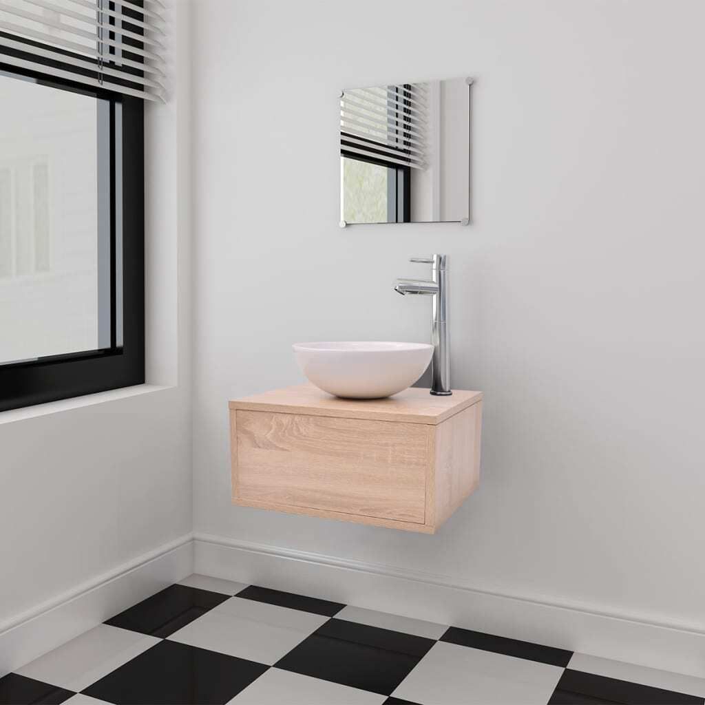 Hochwertig 4-tlg. Badmöbel-Set mit Waschbecken und Wasserhahn Beige 273686