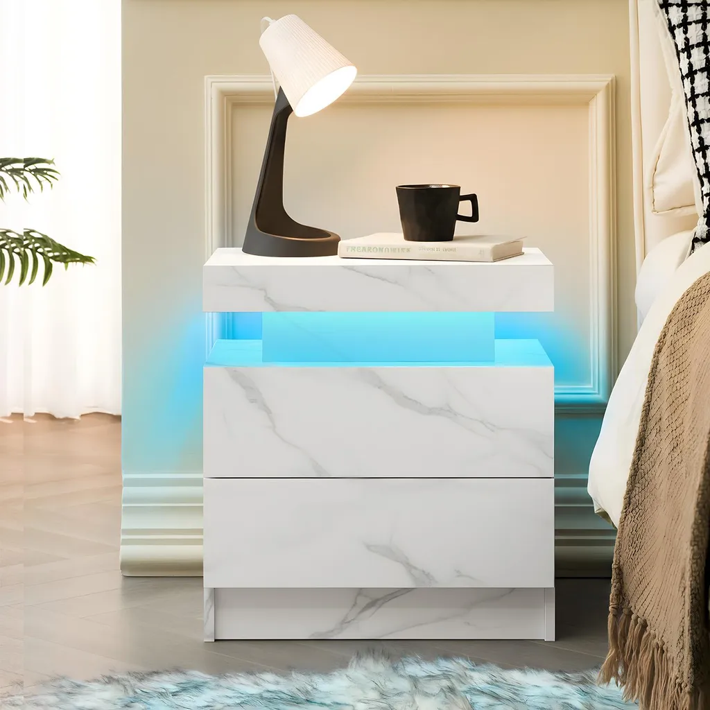 Meuble de nuit design avec LED intégrée et tiroirs de rangement blancs