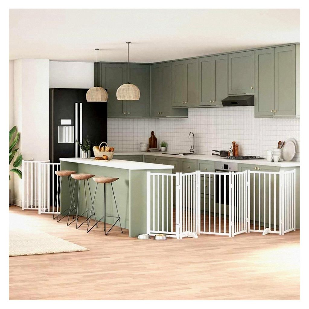 15-tlg. Hundetor mit Tür, faltbar, Weiß, 750 cm, Pappelholz, modulares Haustiertor für Zimmer, Durchgänge, Korridore für Kleintiere wie Hunde ...