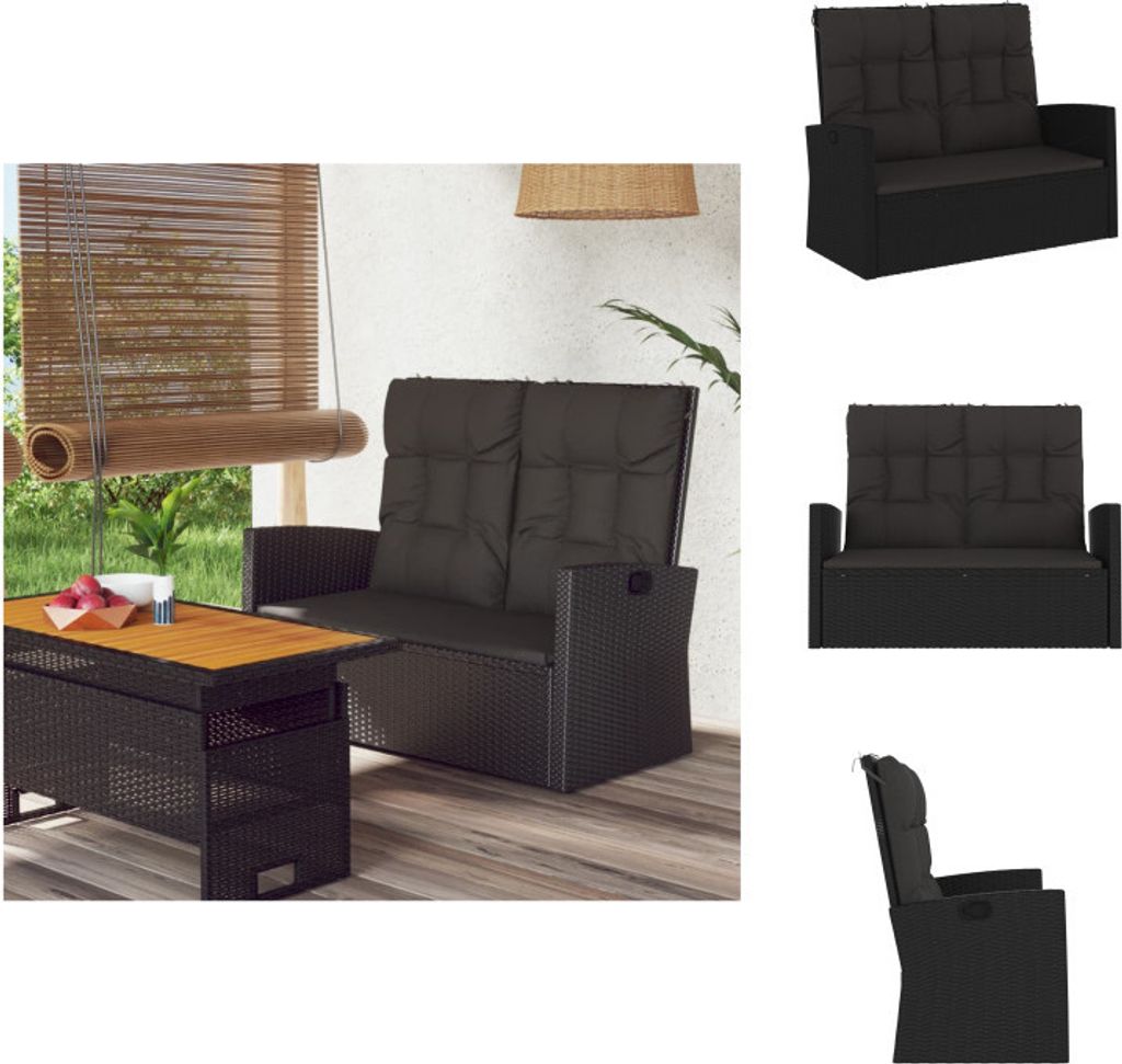 vidaXL Gartenbank mit Liegefunktion & Kissen Schwarz 118cm Poly Rattan - Gartenbänke