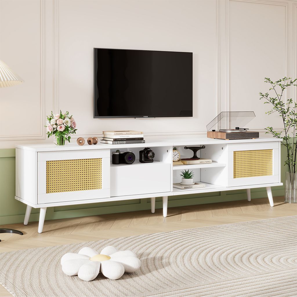 TV-Schrank aus Rattan mit Rattantüren Schublade und offenen Fächern TV-Tisch TV-Ständer für 90-Zoll-Fernseher 200x40x49 cm