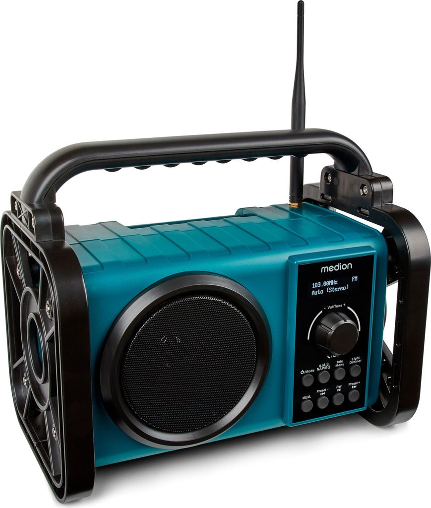 A teal and black Medion DAB+ construction radio with an antenna and handle, shown against a white background.