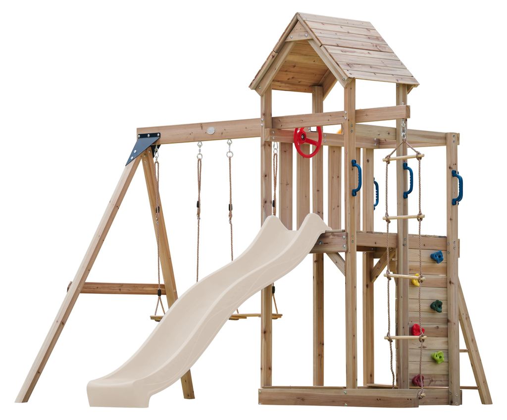 AXI Moos Spielturm aus Holz mit 2 Schaukeln & Strickleiter | XXL Spielhaus / Spielplatz für Kinder mit Kletterwand, Sandkasten & Rutsche in Creme ...