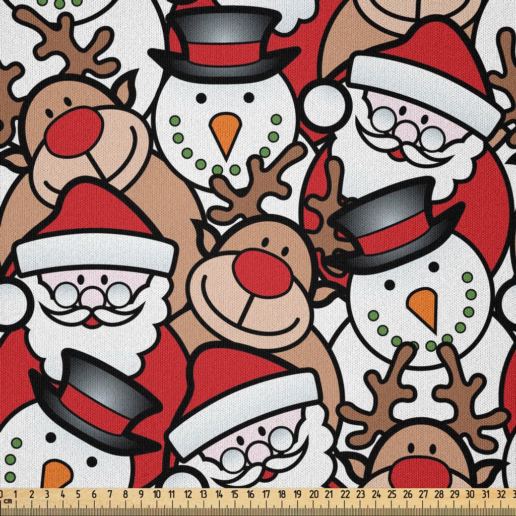 ABAKUHAUS Weihnachten Microfaser Stoff als Meterware , Schneemann-Ren-Santa Claus Cartoon Image für festliches Thema der Kinder, 1 M (230 x 100 cm...