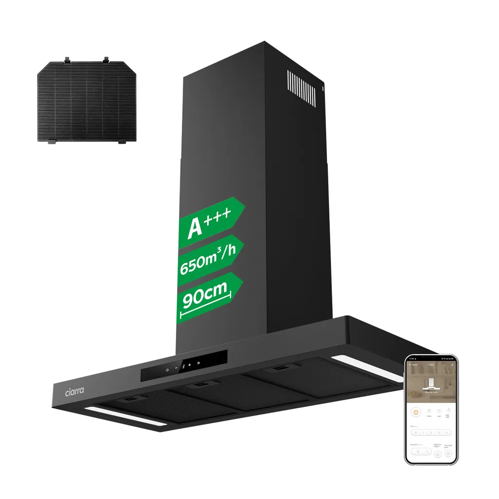 CIARRA VMB9102P Hotte d'aspiration murale 90cm 650 m³/h A+++ WIFI
