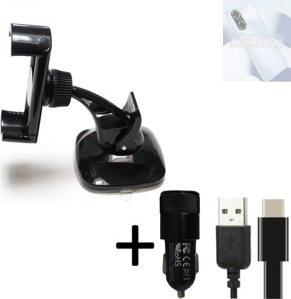 K-S-Trade Handy-Halterung kompatibel mit Huawei Enjoy 60 Windschutzscheibe / Armaturenbrett + LADEGERÄT mit Mico USB Kabel Autohalterung
