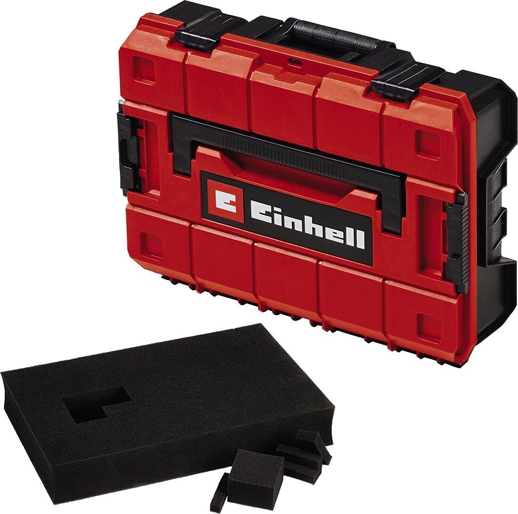 A red and black Einhell tool case with a foam insert is shown against a white background.