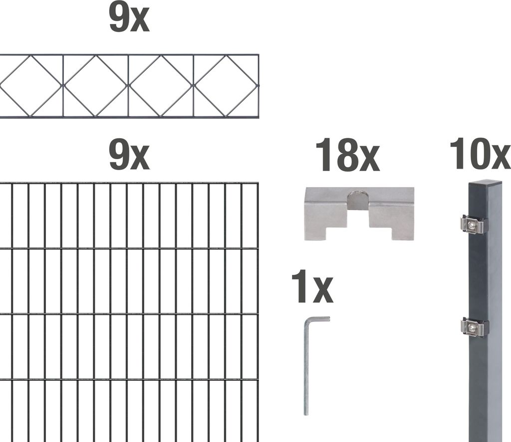 Alberts Doppelstabmattenzaun Bergen, Höhe 120 cm, Länge 18 m, 2 m Matte, anthrazit, zum Einbetonieren