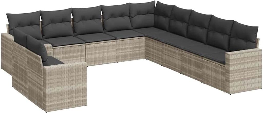 vidaXL 11-tlg. Garten-Sofagarnitur mit Kissen Hellgrau Poly Rattan