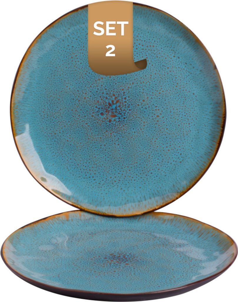 2 x Palmer Lotus Teller flach, Steingut, Ø 27,5 cm, spülmaschinenfest, für ein 2 Personen Gedeck, außen dunkelbraun matt, innen türkis glänze...