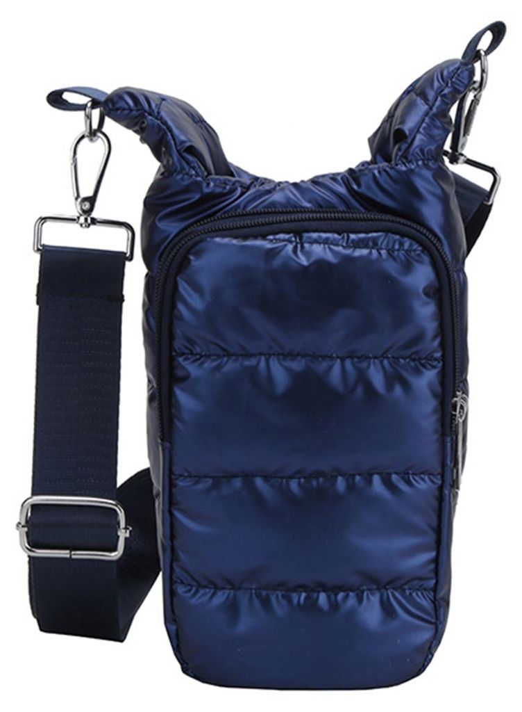 Trinkbechertasche mit breitem Schultergurt, zwei Reißverschlusstaschen, wasserdichtem Material, verstellbarem Gurt und gestepptem Stoff