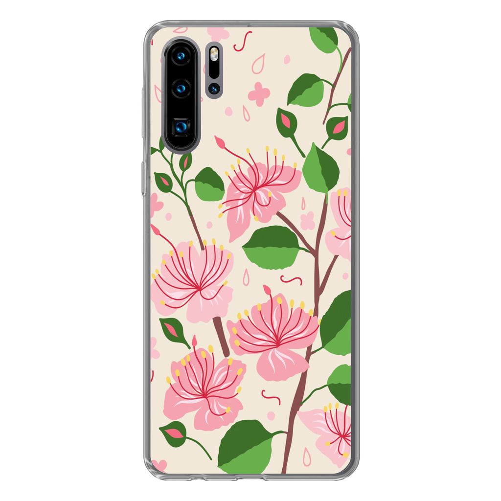 MuchoWow Handyhülle Schutzhülle Hülle für Huawei P30 Pro Blume - Rosa - Blatt - Muster Silikon Softcase Handy Hülle - Schutzdeckel