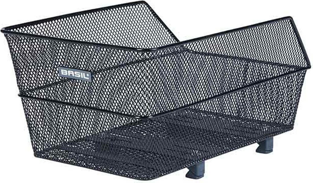 A black metal bicycle basket is shown against a white background.