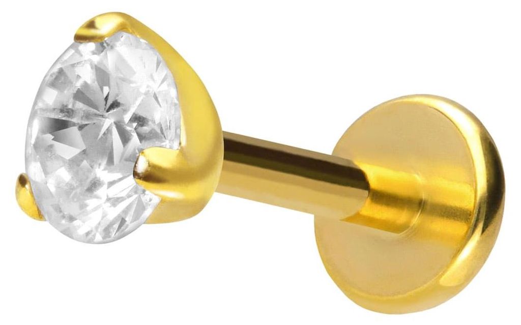 Ohrpiercing, Nasenpiercing Titan Labret mit Push Fit EINGEFASSTER KRISTALL Gold Stablänge: 9mm | Stabstärke: 1mm | Kristallgröße: 4mm