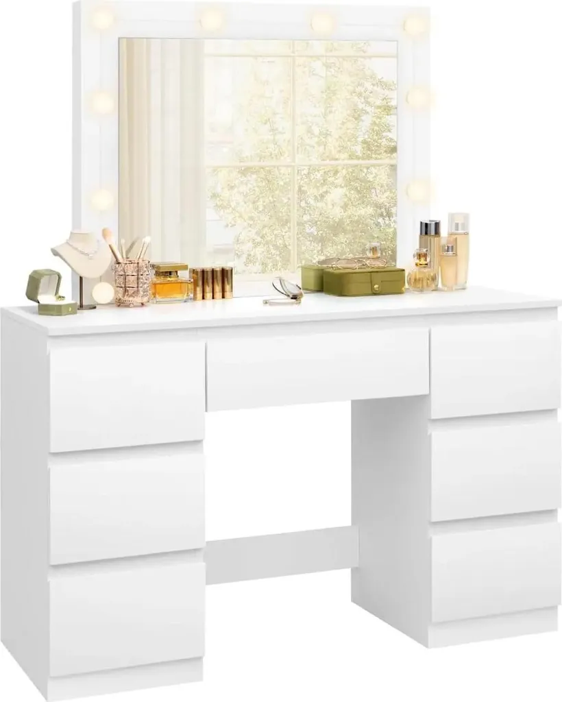 Coiffeuse LED Blanche Miroir 64x57 cm avec Rangement 7 Tiroirs Chic