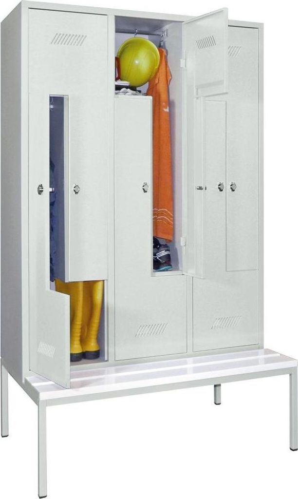 Z-Garderoben, untergeb. Sitzbank Kunststoffleiste, 6 Abteile, BxTxH 1200x500/800x2150 mm, Drehriegel, RAL 7035
