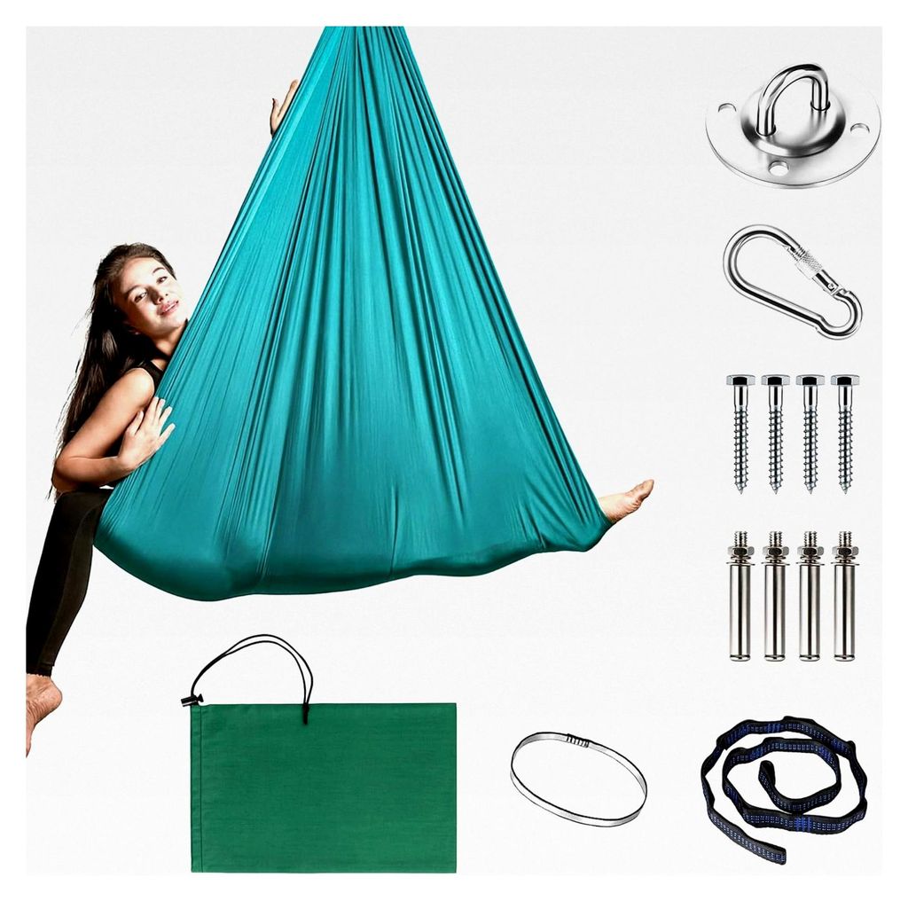 Aerial Yoga Hängmatte Set, Yoga-Hängstuhl-Schaukel (Grün), 1,5 × 1,4 m, Tragfähigkeit 200 kg, inkl. Karabiner, Befestigung, Nägel & Zubehör,...