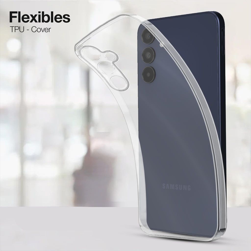 A clear phone case is shown on a Samsung phone, with text overlay.