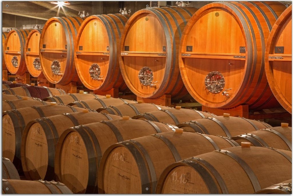 Wallario Outdoor-Poster für Garten oder Balkon, Motiv Weinkeller mit alten Holzfässern, in ca. 61 x 91,50 cm