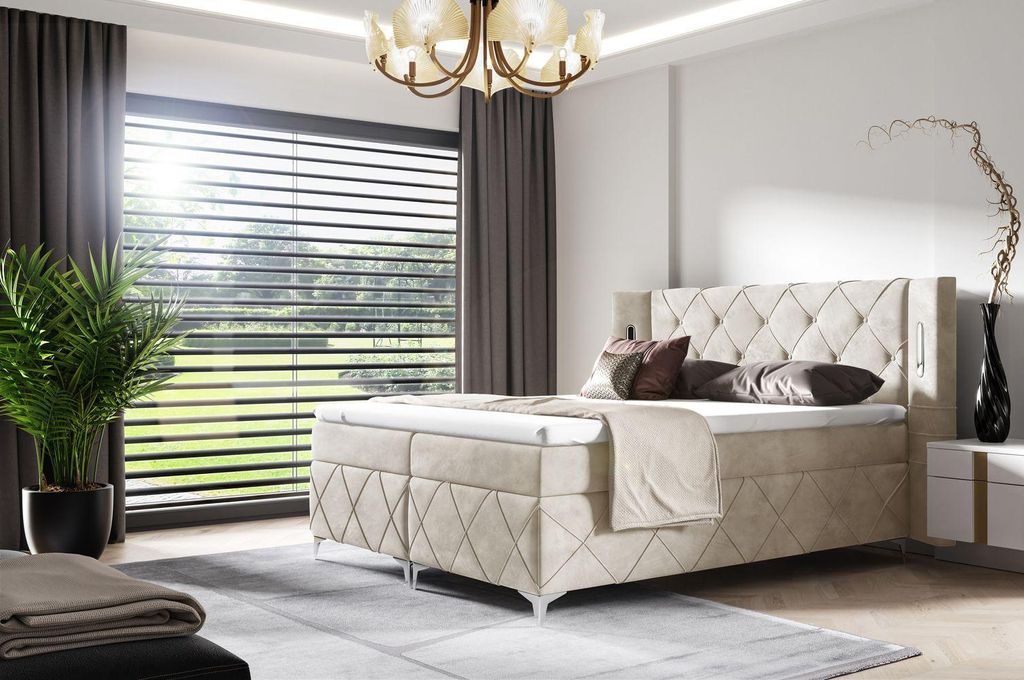 Gepolstertes Doppelbett 200x200 GELA - Ecru + GRATIS Matratzenauflage